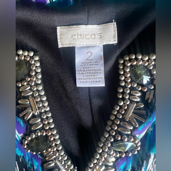 CHICO'S Embellished Neckline Lexi Blue Midi Dress Beaded V-Neck Size M / 12 Ikat - Picture 3 of 11